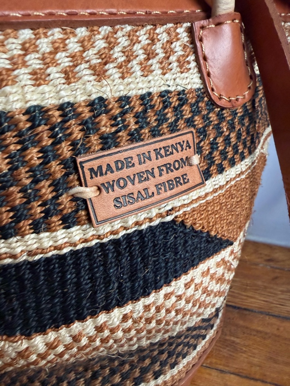 Handwoven Brown African Sisal Tote Bag Kenyan Basket Bag Leather Trim Large - Picture 9 of 11